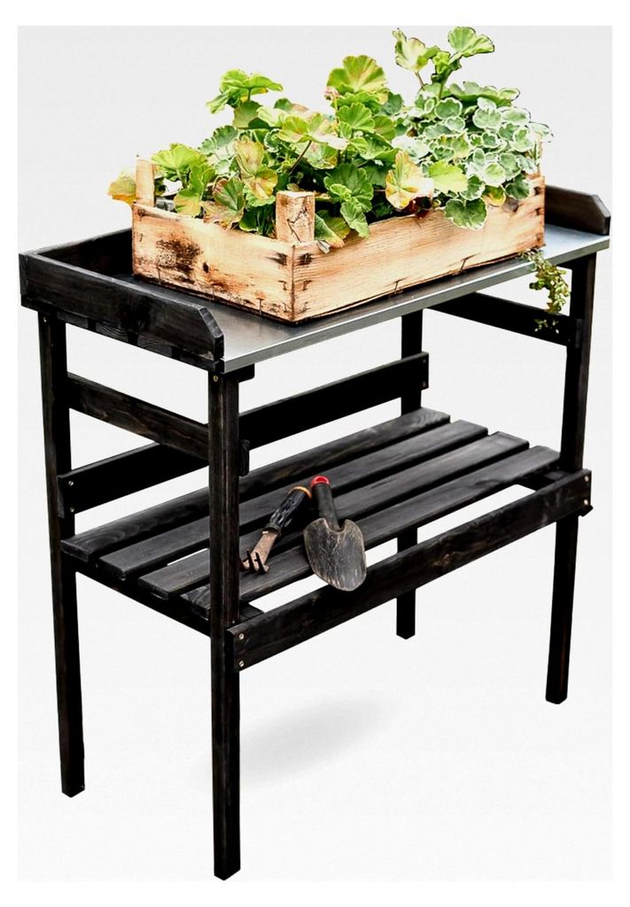 Pflanztisch aus Holz mit Zinkplatte in Schwarz und 2 Ablagen für Gartenarbeit