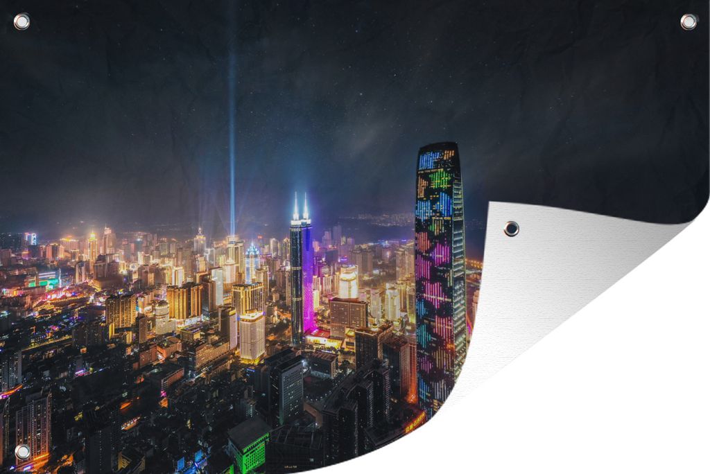 MuchoWow 120x80 cm Outdoor-Poster Gartendeko Sichtschutz Garten Poster für den Garten Die Skyline von Shenzhen mit dem beleuchteten Kingkey 100