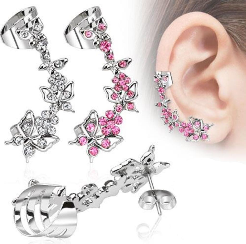Ear Cuff Ohrstecker / Ohrklemme „Schmetterling & Blumen“ Klar / rechtes Ohr (Right Clear)