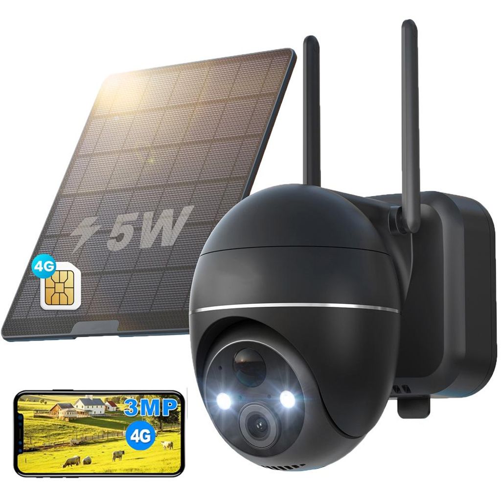 4G LTE Überwachungskamera Aussen Solar mit SIM Karte Überwachungskamera ohne WLAN Kamera Überwachung Aussen Akku Outdoor Kamera 355°/120° Schw...