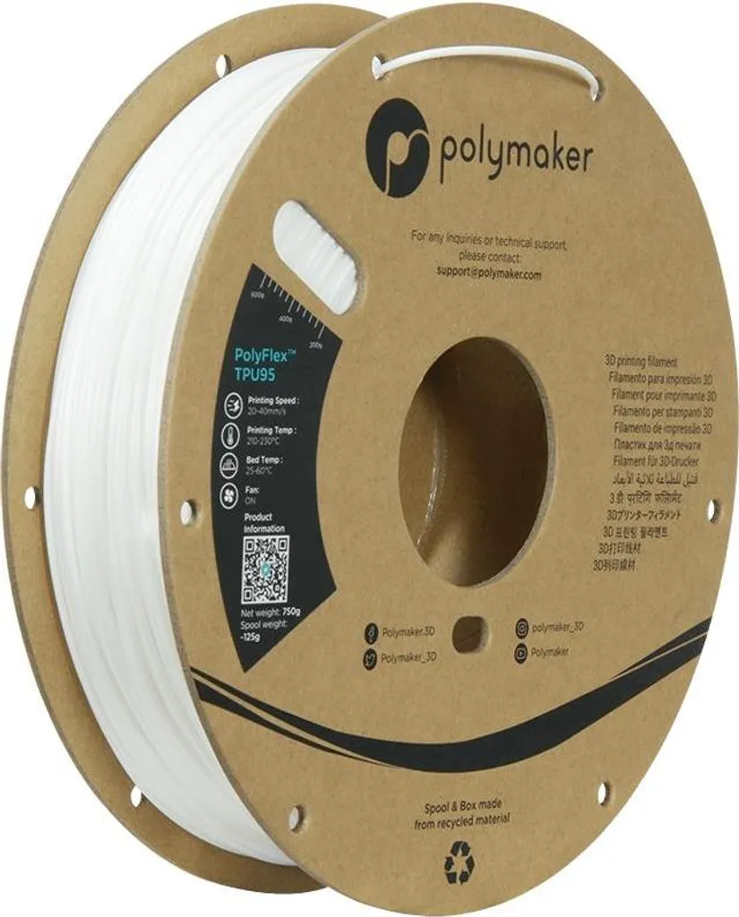 Polymaker PolyFlex TPU-95A Blanc Filament 1.75mm Flexible et Durable