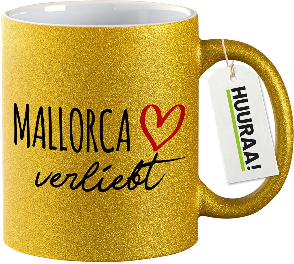 Huuraa Glitzertasse Mallorca verliebt 330ml Gold Keramik Kaffeebecher Geschenkidee