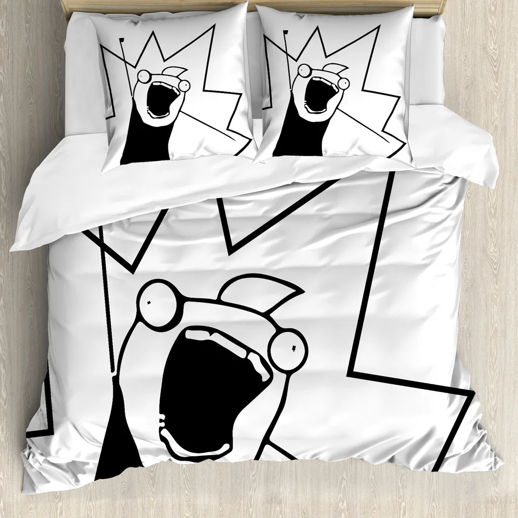 ABAKUHAUS Copripiumino umoristico, meme digitale "Happy Stock", antiacaro, adatto a chi soffre di allergie, con federe, 200 cm x 200 cm - 80 x 80 cm, bianco e nero