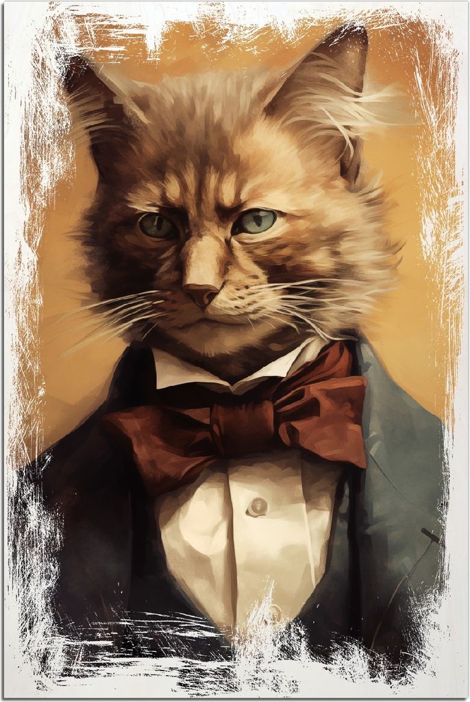 Kunstdrucke Wandbilder Holz in : Brillante Farben, Größe 60 x 90 cm Motiv Katze im Anzug