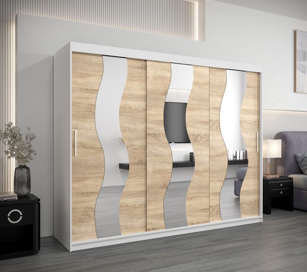 Schwebetürenschrank HEDVIKA – Breite 250 cm, Weiß / Eiche Sonoma