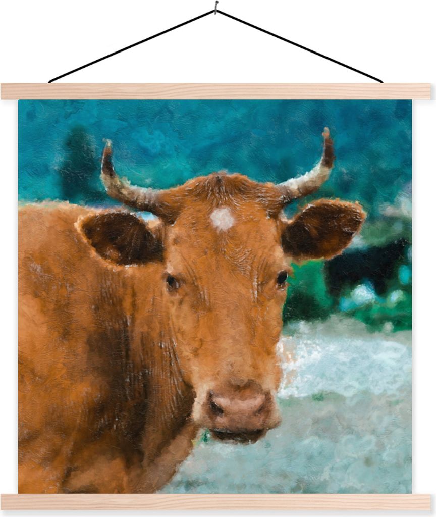 MuchoWow Textilposter Kuh - Zeichnung - Braun 120x120 cm mit holzfarbenen Rahmen - Textil-Poster