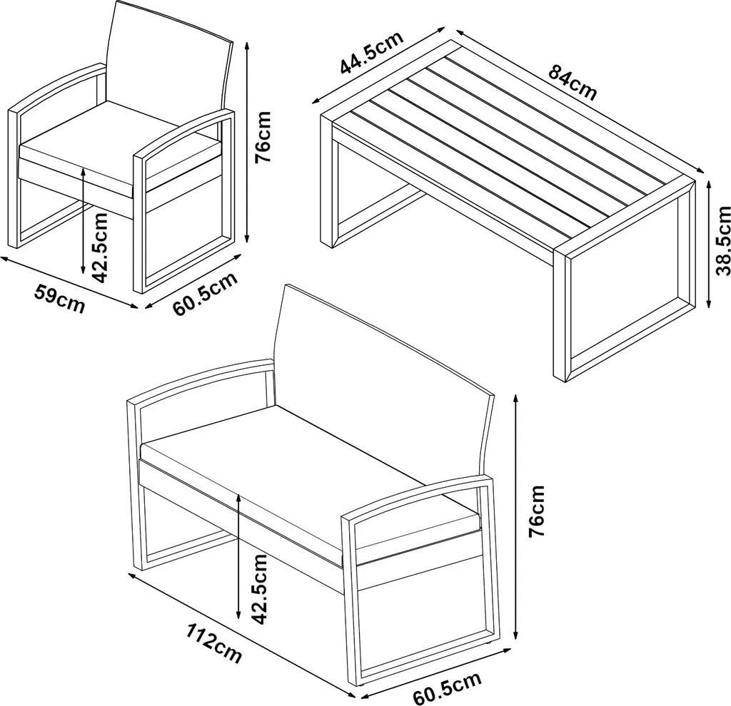 Mobilier de jardin Calciano 4 pièces résistant aux UV avec table et banc