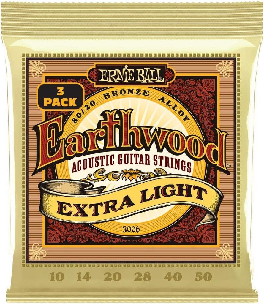 Ernie Ball Earthwood Extra Light Akustik-Gitarrensaiten, 80/20-Bronze, 3er-Pack, Stärke 10-50