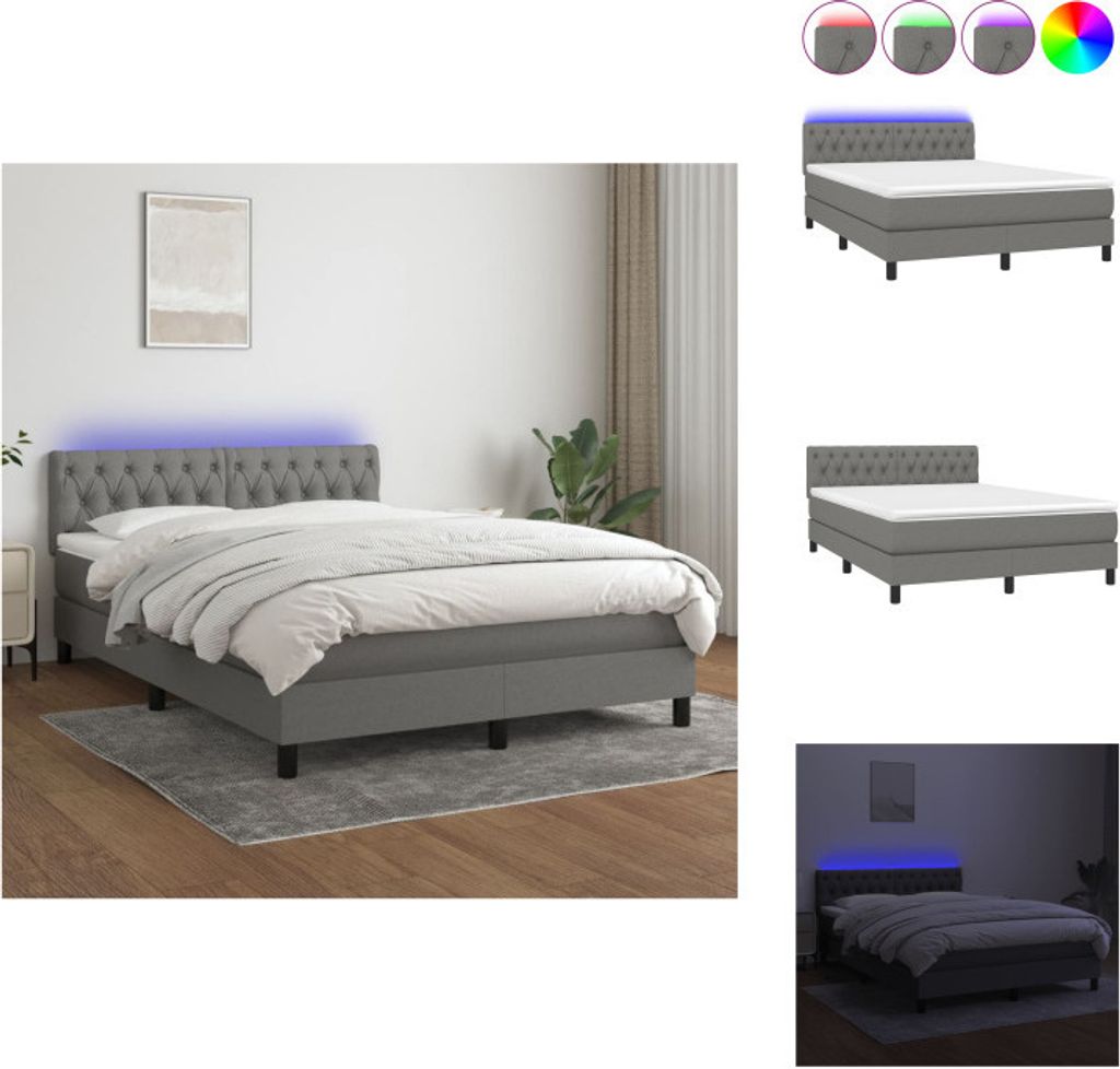 vidaXL Boxspringbett mit Matratze & LED Dunkelgrau 140x200 cm Stoff - Betten & Bettgestelle