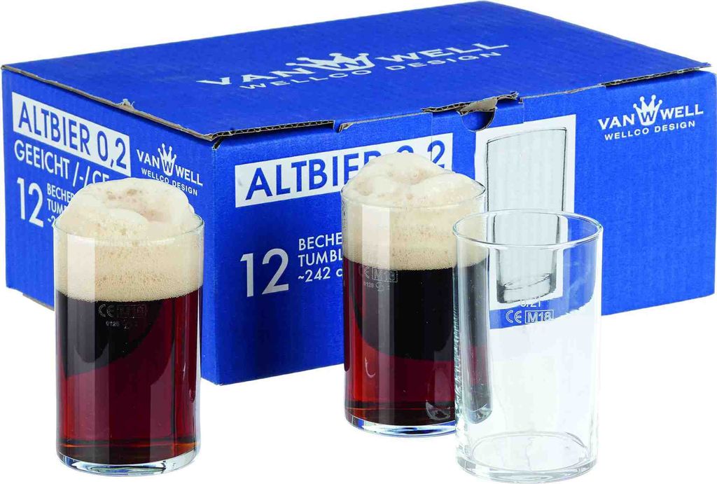A box of Altbier glasses with two glasses filled with beer and one empty glass.