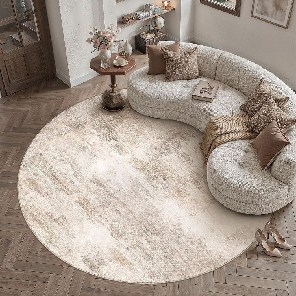 Rond vloerkleed 240 cm in beige en bruin met abstract Productafbeelding 
