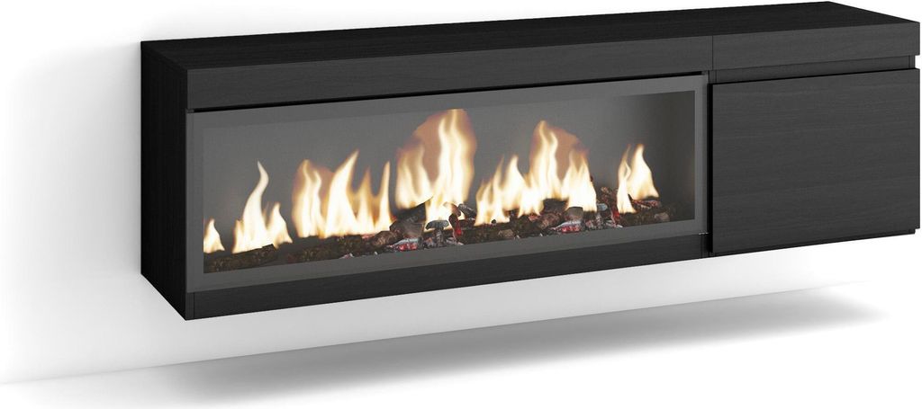 TV-Schrank, Lowboard, 158x35x45cm, Für TV-Geräte bis zu 65", Elektrokamin XXL, Hängend, Schwarz