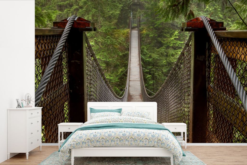 MuchoWow Fototapete für Wohnzimmer oder Schlafzimmer Wandtapete Vinyl Motivtapete Blick von einer Hängebrücke im Norden der kanadischen Stadt ...