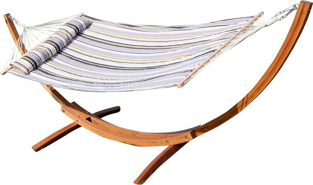 ALEOS. 320cm Hängemattengestell Limited Edition NAGUA Hängematte mit Gestell aus Holz Lärche Natur mit Stabhängematte grau gestreift gefüttert...