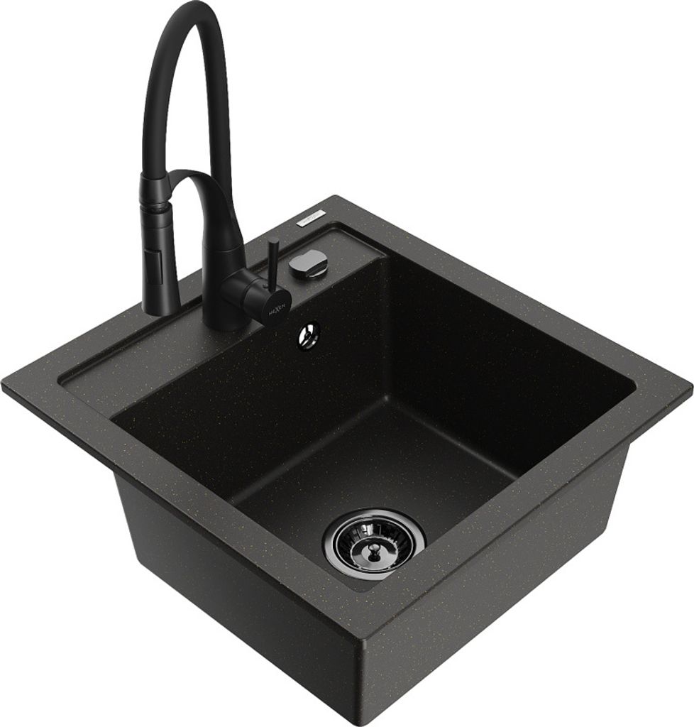 Mexen Vito 1-Becken-Granit-Spüle mit Mischbatterie Aster, Schwarz/Gold metallisch- 6503-75-73450-70-B