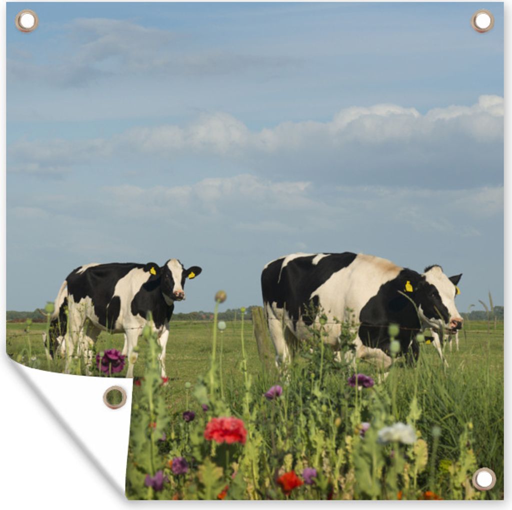 MuchoWow 50x50 cm Outdoor-Poster Gartendeko Sichtschutz Garten Poster für den Garten Kuh - Blumen - Gras - Tiere