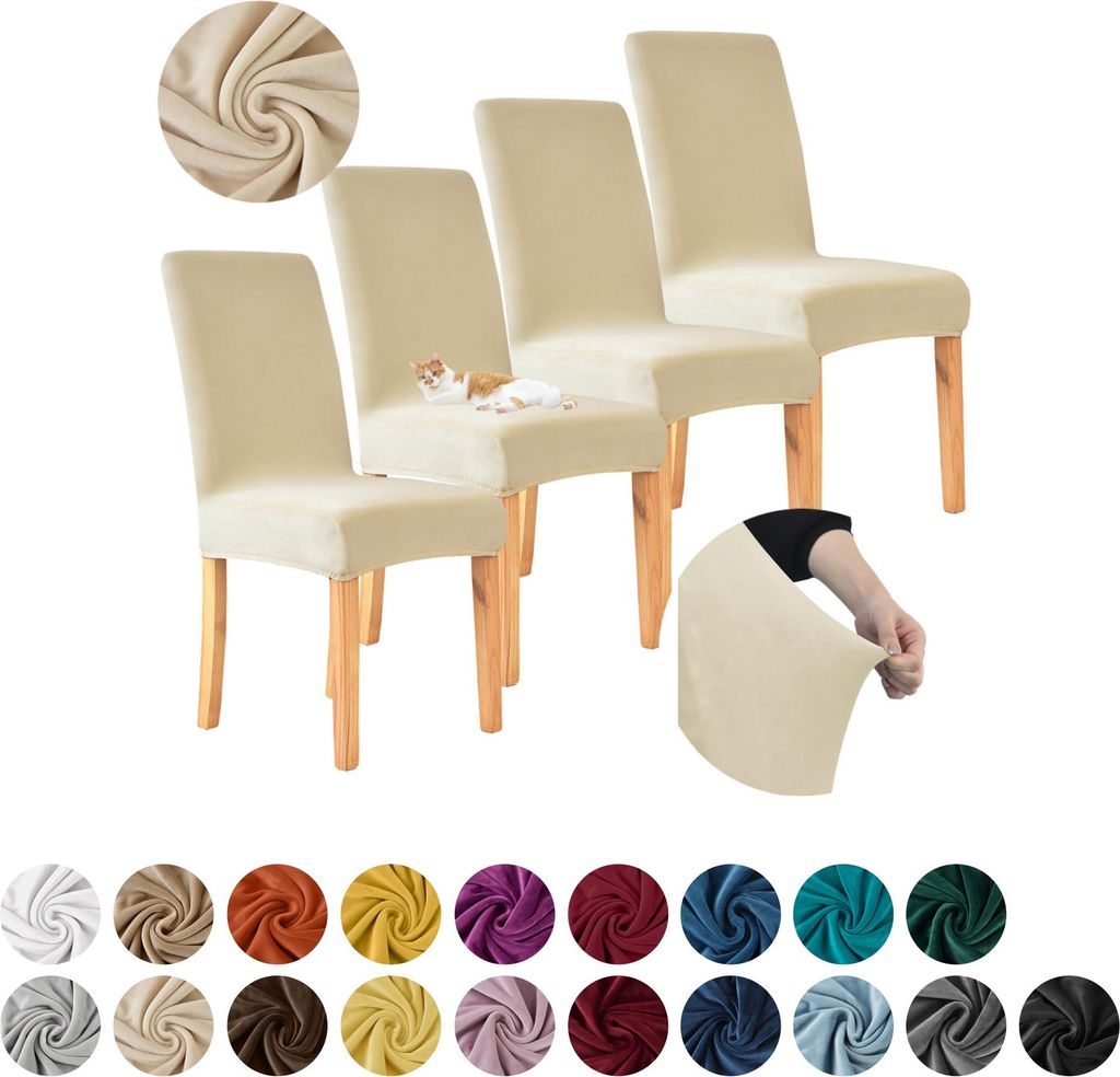 MEBLE ODNOWA, Stuhlhusse, Stuhlbezug, Standardgröße, Samt, Creme, 4er Set, Velours, elastisch, Stuhlbezüge, Stuhlhussen, maschinenwaschbar