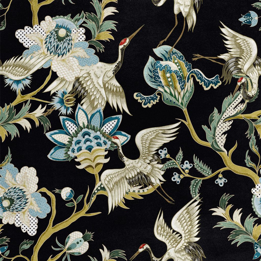 Royal Samt Stoff Polyester Zum Nähen - Motiv Kranich und Blumen