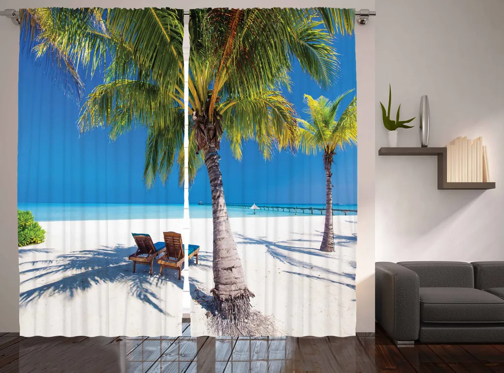 Rideau Tropical Island Palms ABAKUHAUS à Ruban Froncé - 280 x 225 cm