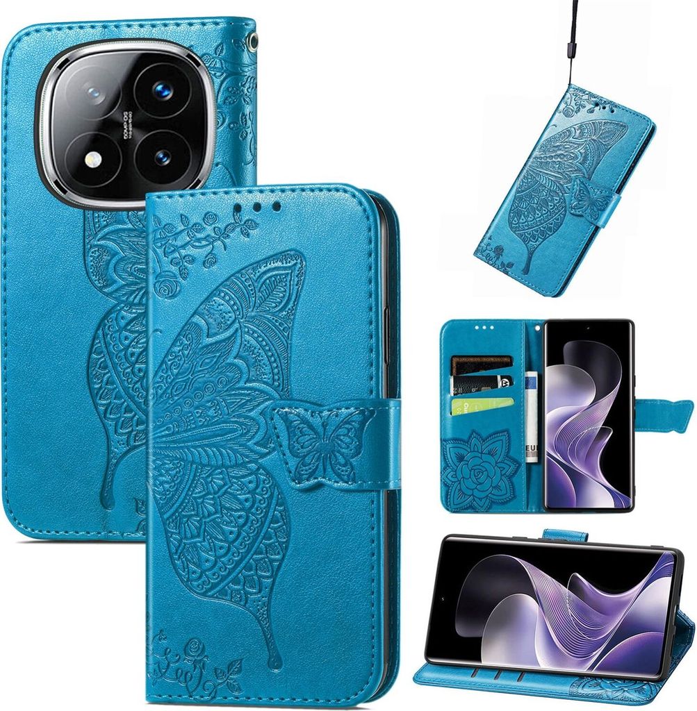 Für Xiaomi Redmi Note 14 Pro Plus 5G Kunstleder Wallet Handy Tasche Schmetterling Design Hülle Etuis Blau