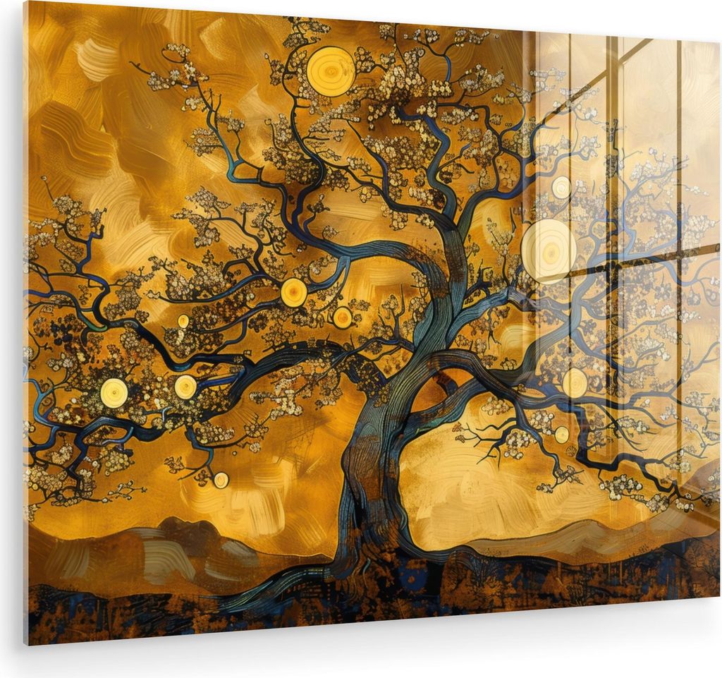 MuchoWow Glasbilder - Bilder auf Wandbild - Foto auf Glas Baum - Baum des Lebens - Abstrakt - Gold 80x60 cm Wanddekoration aus Glas - Acrylglasbild...