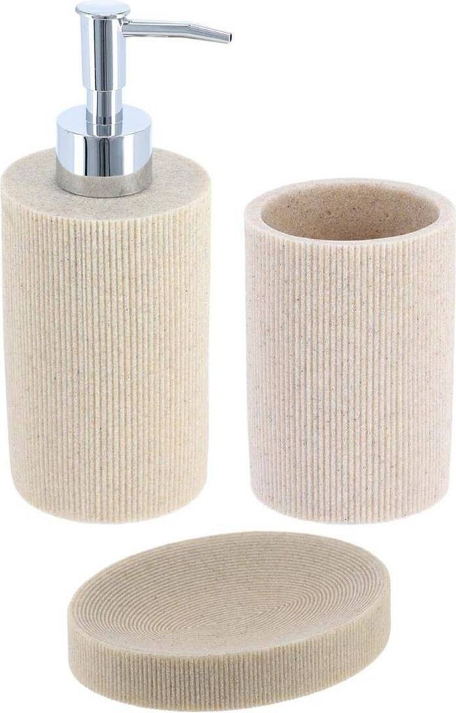 Tendance Badzubehör Set 3-tlg Seifenspender Seifenschale Zahnputzbecher beige Polyresin 7,3x7,3x17 cm