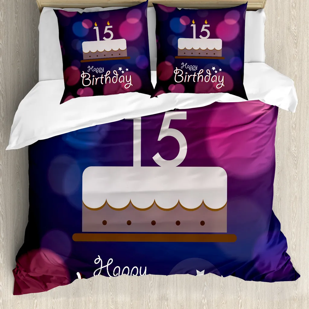 ABAKUHAUS 15° compleanno Copripiumino, torta di compleanno 15, antiacaro, adatto a chi soffre di allergie, con federe, 155 cm x 220 cm - 80 x 80 cm, blu, rosa, bianco