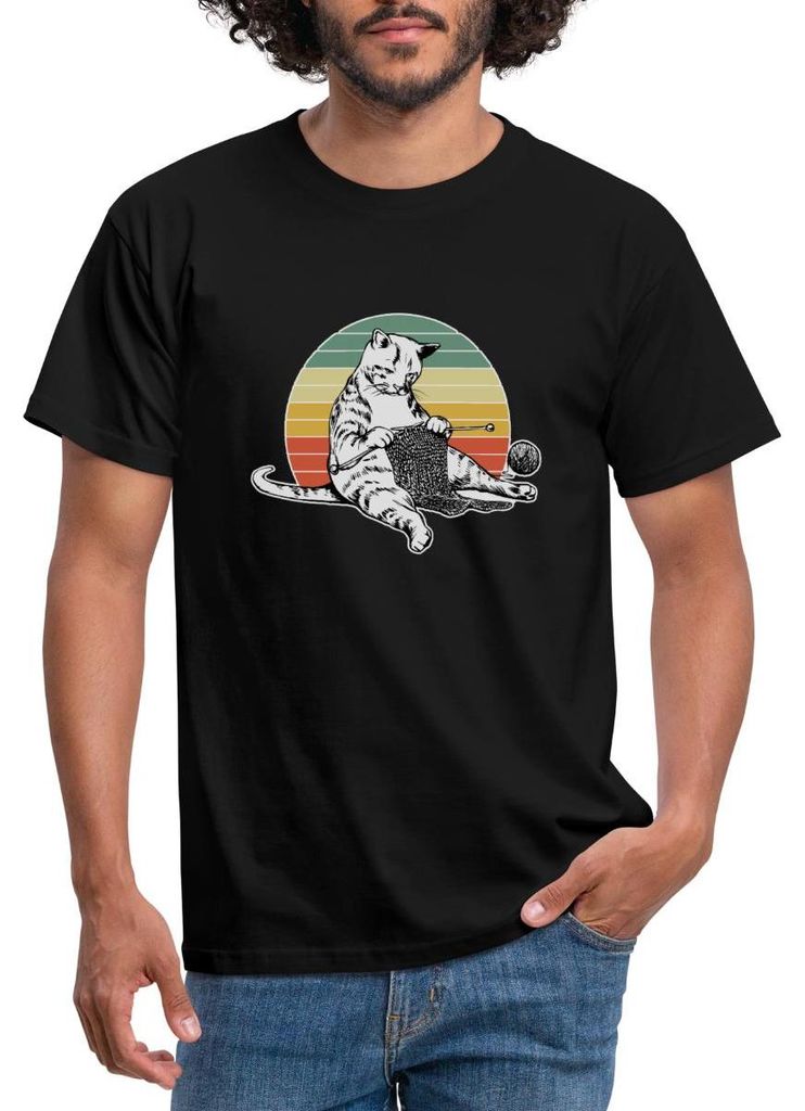 Spreadshirt Strickende Katze | Retro Katze Mit Wolle Männer T-Shirt, S, Schwarz