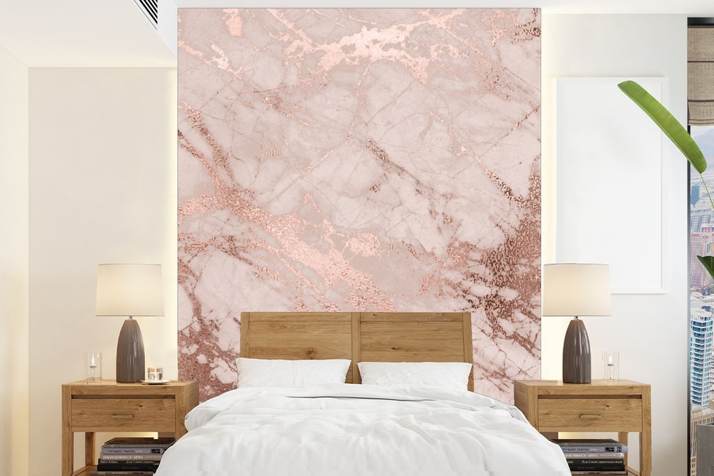 MuchoWow Fototapete für Wohnzimmer oder Schlafzimmer Wandtapete Vinyl Motivtapete Marmor - Rosa - Luxus - Marmoroptik - Glitzer - Design - 205x2...