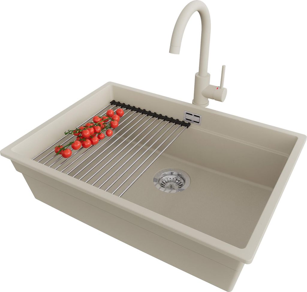 PRIMAGRAN Unterbauspüle Granit Beige 66x47cm, Spülbecken 1 Becken + Ablauf-Set + Küchenzubehörset, Granitspüle ab 70er Unterschrank - Praga