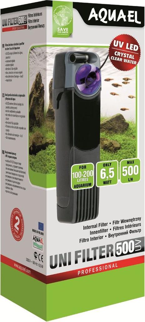 The image shows the retail packaging of an Aquael Uni Filter 500 UV internal aquarium filter.