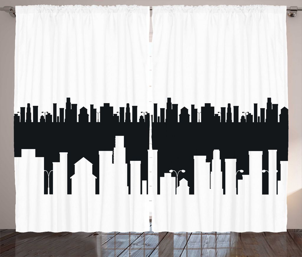 ABAKUHAUS Stadt Rustikaler Gardine, Monochrome Skyline, Wohnzimmer Universalband Gardinen mit Schlaufen und Haken, 280 x 225 cm, Charcoal Grau und ...