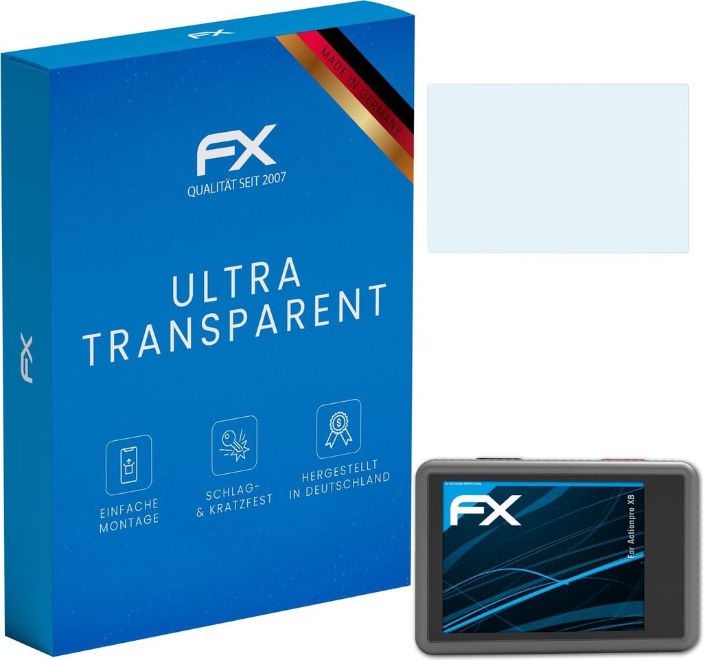 atFoliX FX-Clear 3x Schutzfolie kompatibel mit Actionpro X8 Displayschutzfolie