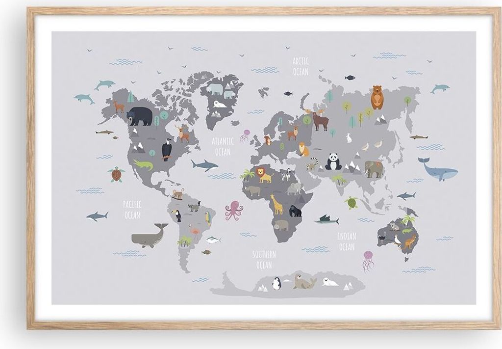 Gerahmtes Poster - Rahmen in heller Eiche - Karte die Welt Kontinente - 91,5x61 cm - Wand Bild - Wanddeko - Wandbilder - Kunstposter - Wandposter -...
