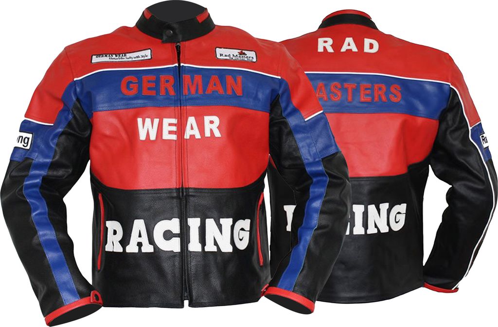 Lederjacke Motorradjacke Rindsleder Motorradlederjacke Blaurot/Schwarz, Größe:46/XS