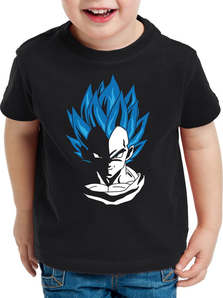 style3 Super Vegeta Blue God Modus Kinder T-Shirt Anime Manga Power Sayajin Kopf Krieger Schwarz