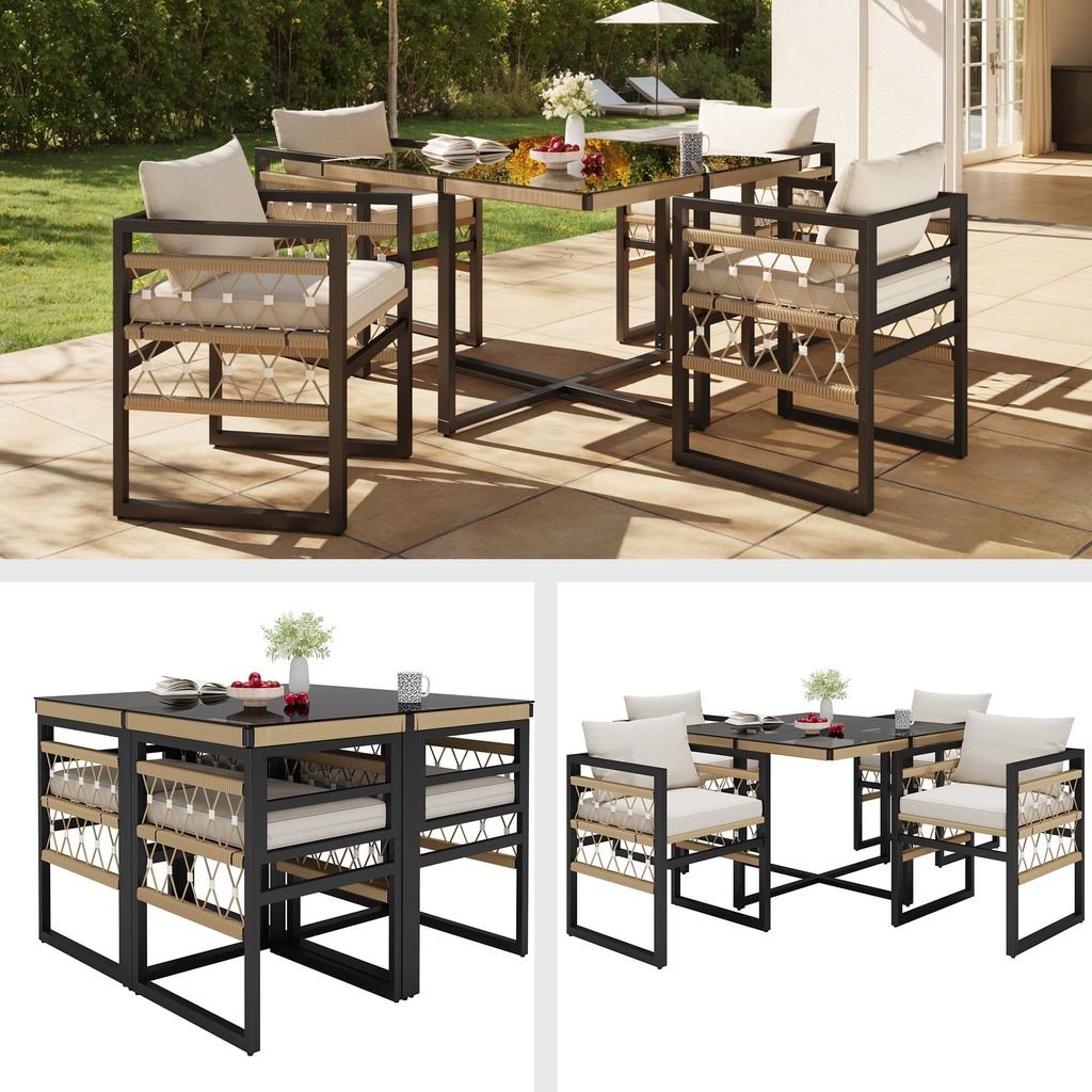 Handgeflochtenes Gartensofa-Set für 4 Personen – robustes Eisen, 4 beige Kissen, 1 Tisch aus Sicherheitsglas & 4 Sessel, wetterfeste Terrassenm...