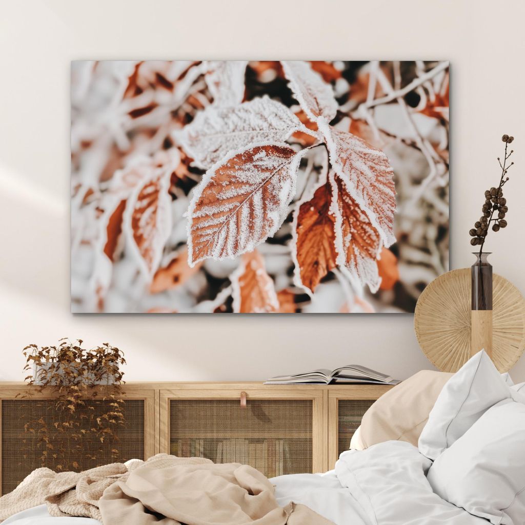 MuchoWow Wanddekoration Metall Metallbild Wandkunst 120x80 cm Laub - Eis - Winter - Natur MuchoWow Aluminium Gemälde - Alu Bild
