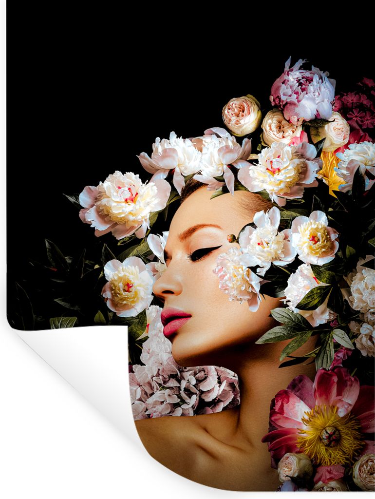 MuchoWow Wandtattoo Wandsticker Wandaufkleber Frauen - Blumen - Rosen - Porträt 120x160 cm Selbstklebend und Repositionierbar - Wierderverwendba...