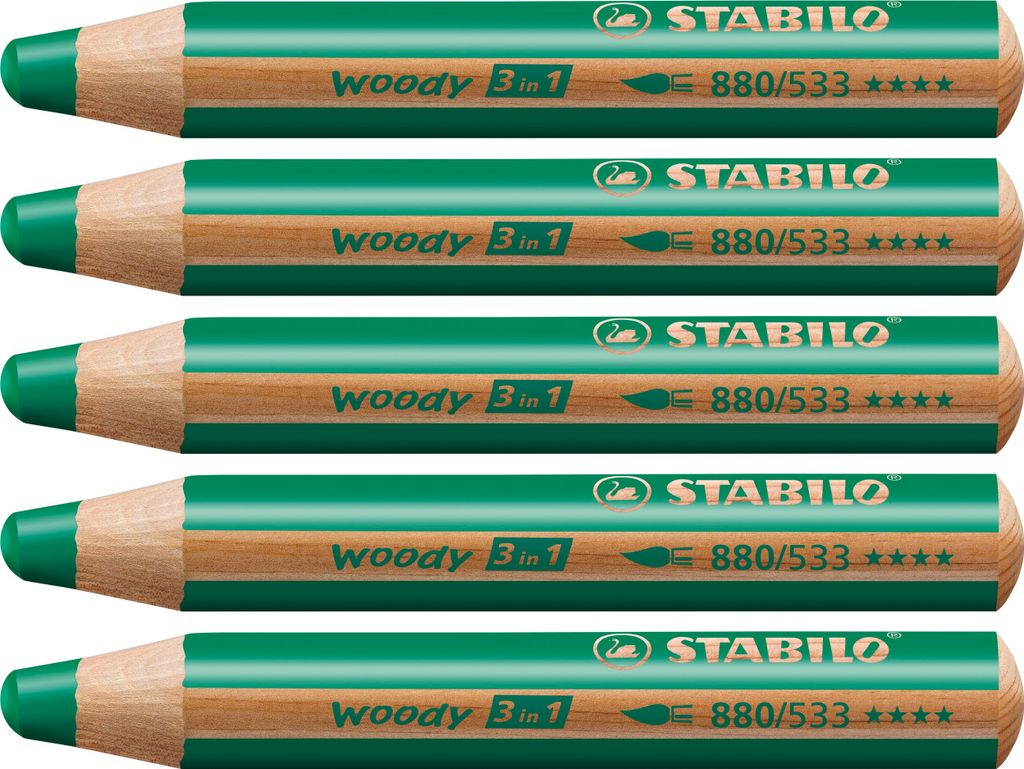 Buntstift, Wasserfarbe & Wachsmalkreide - STABILO woody 3 in 1 - 5er Pack - dunkelgrün