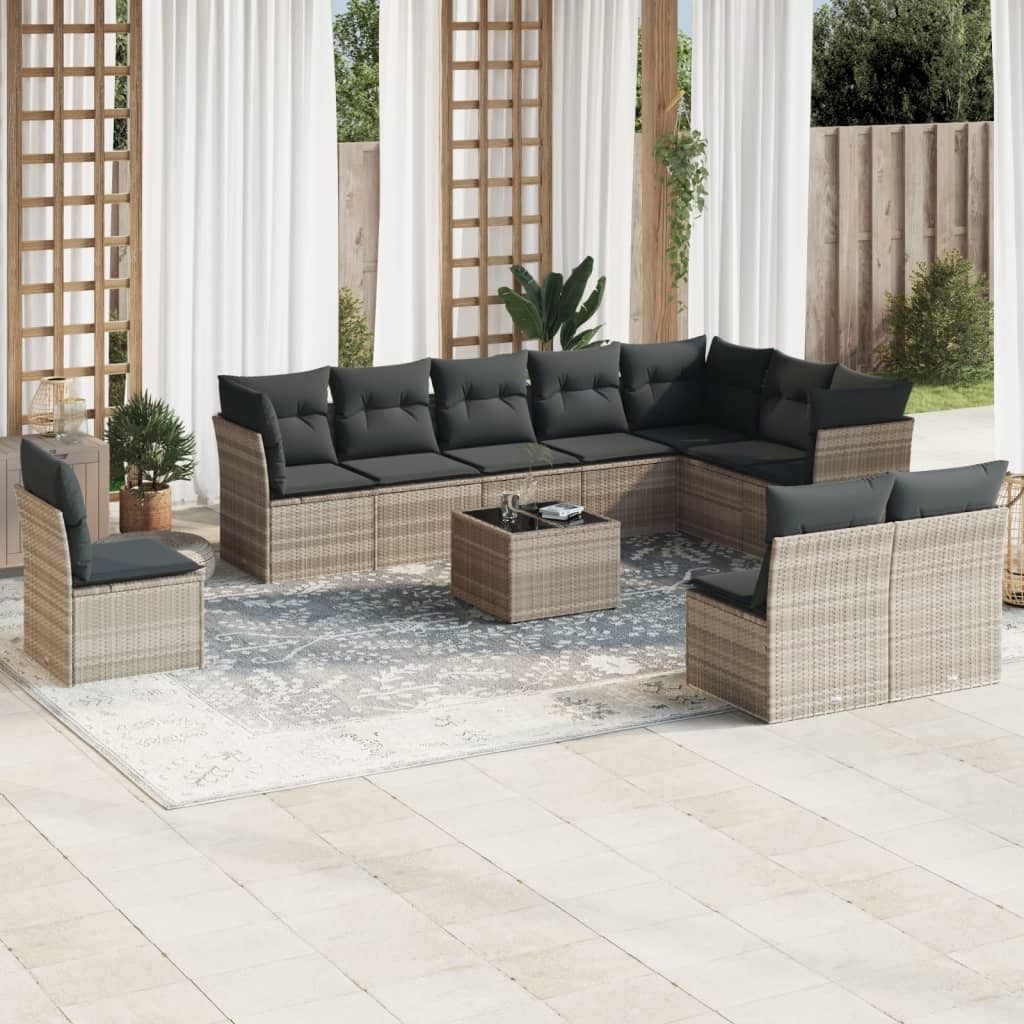 "2026 Promotion" 11-tlg. Garten-Sofagarnitur/Terrassenmöbel - mit Kissen - Hellgrau Poly Rattan - Gartenmöbelset CC12547