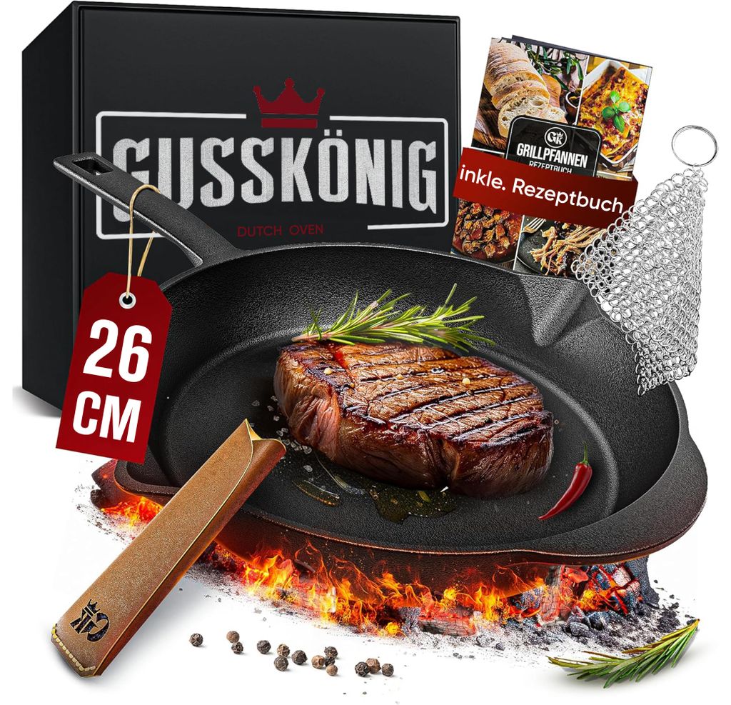 GUSSKÖNIG Gusseisenpfanne - 26cm Pfanne Gusseisen - Grillpfanne Gasgrill - Eingebrannte Gusseisen-Pfanne - Cast Iron Pan - Robuste Gusspfanne