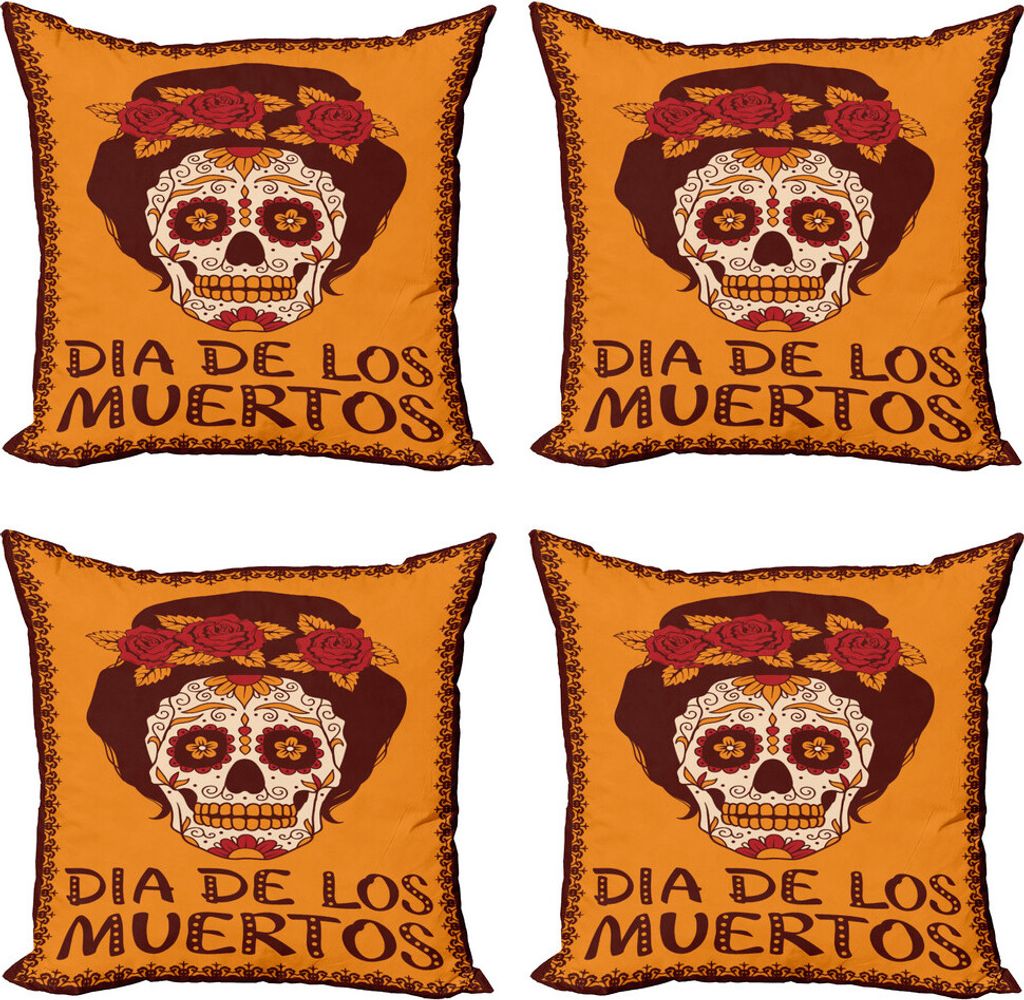 ABAKUHAUS Zuckerschädel Kissenbezug Set (4 Stück), Mexikanische Schädel-Mädchen, Moderner Doppelseitiger Digitaldruck, 60 cm x 60 cm, Brown Mar...