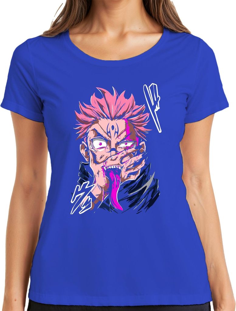 Anime Dämon rosa Haare Anime Ästhetik Zunge Fänge Horror Halloween Damen T-Shirt, Blau, S