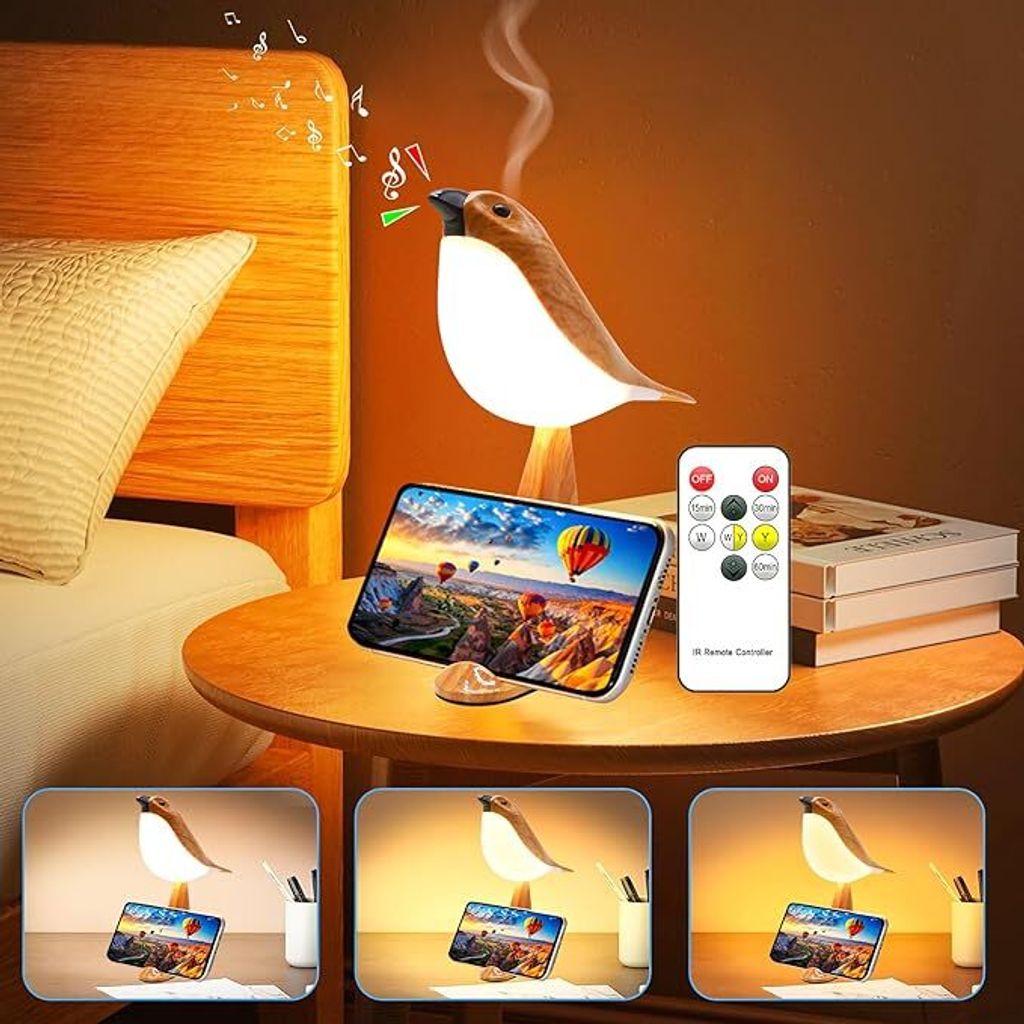 Kleine Vogeltischlampe,2600mAh USB kabellose Lampe,3 Farbtemperaturen,Smartphone Halterung,Aroma Diffusor,Vogelklang,tragbare Nachttischlampe(Gelb)