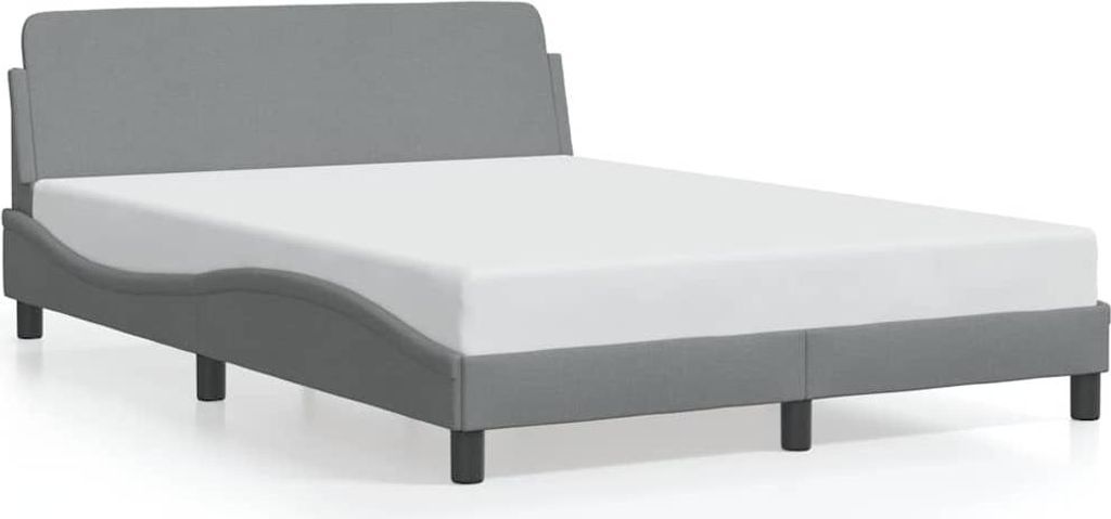 A gray fabric bed frame with a white mattress on a white background.