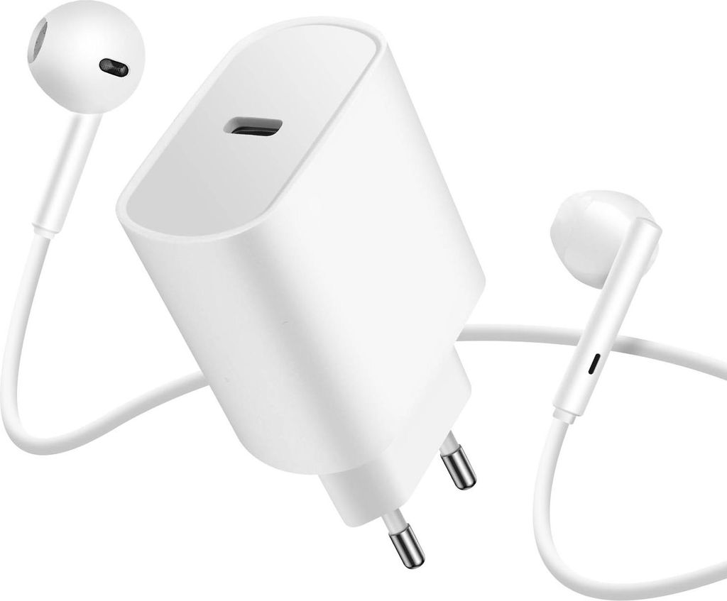 Avizar, USB-C Ladegerät 20 W Set mit USB-C Kabelkopfhörern und Fernbedienung, Weiß