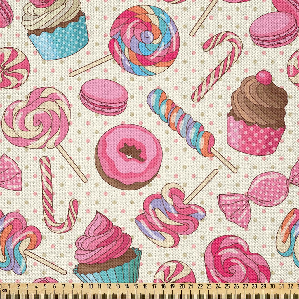 ABAKUHAUS Zuckerstange Satin Stoff als Meterware, Süßigkeiten Leckerei Naschereien Pancakes und Zuckerstangen motive Druck, 5 M (148 x 500 cm), M...