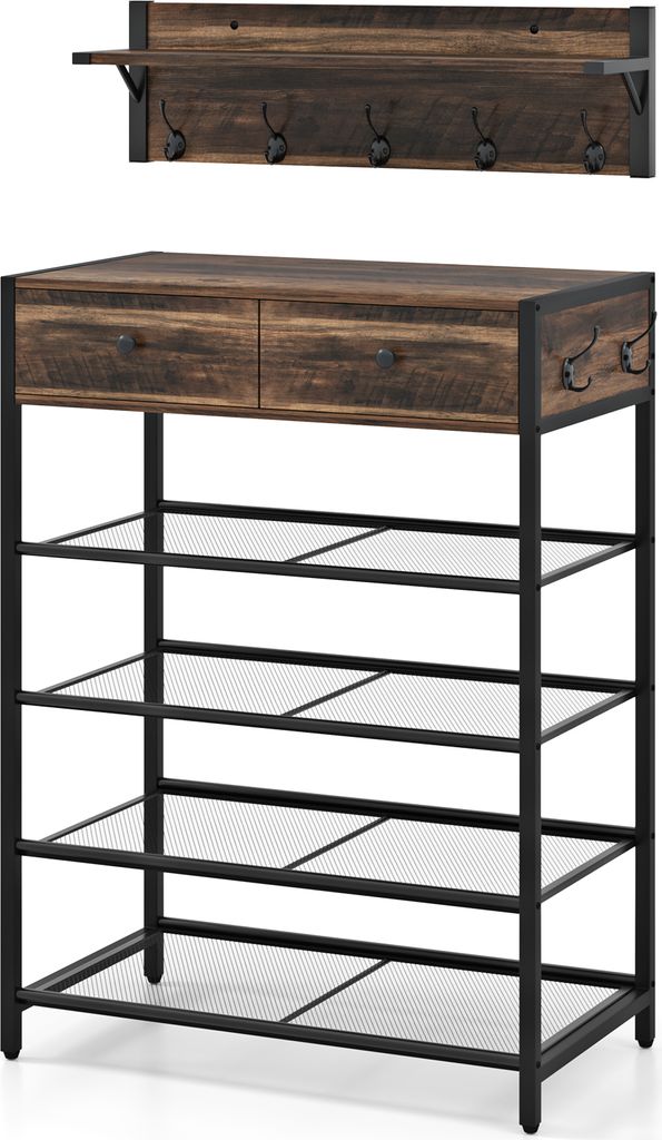 A product shot of a shoe rack and wall-mounted coat rack set against a white background.