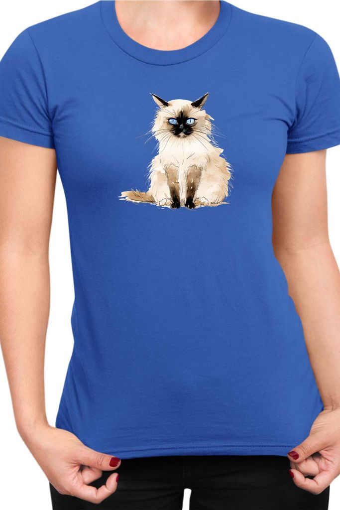 Damen T-Shirt Funny Cats Breeds Birman Cat 012, Lady XS / Blau